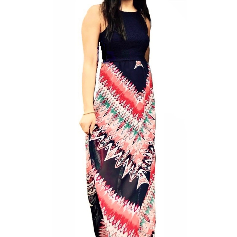 Crystal Doll Juniors Maxi Dress Navy Blue/Coral Size 5